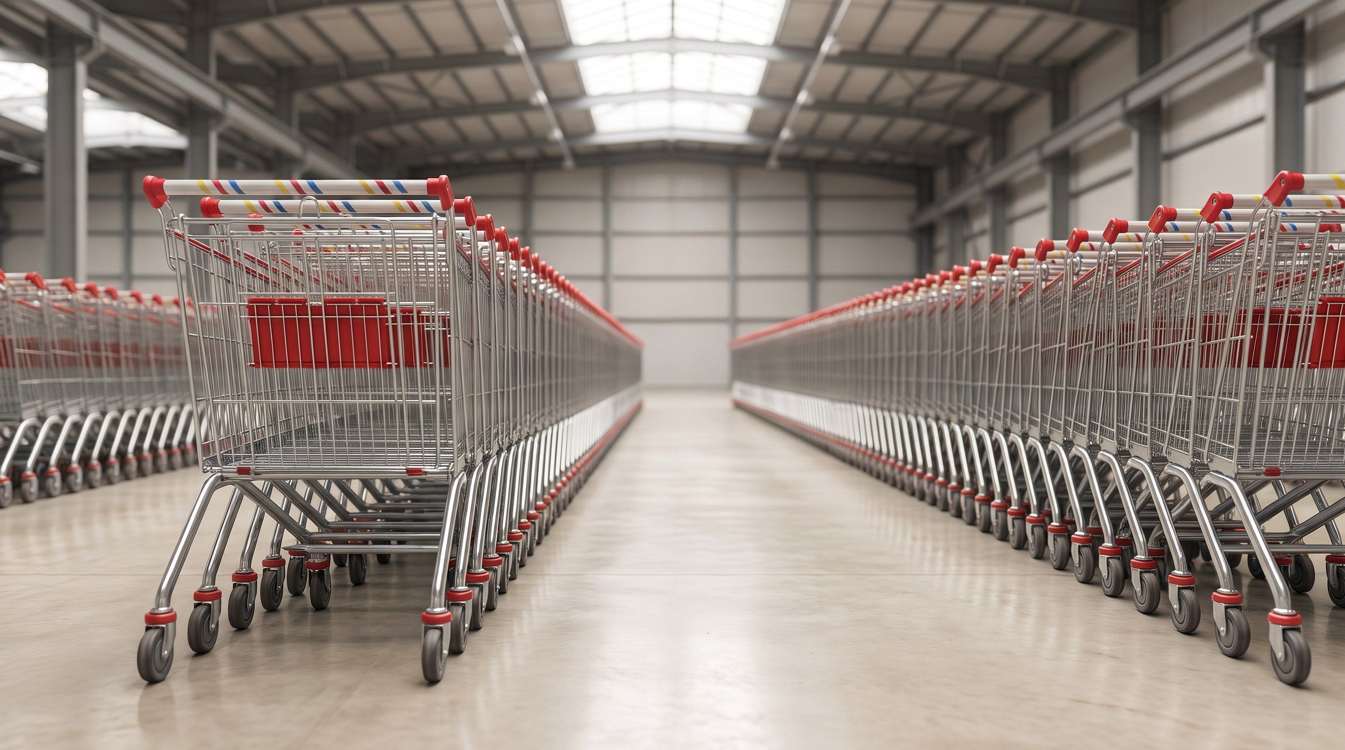 Üretim holünde iç içe dizilmiş market arabası sıraları