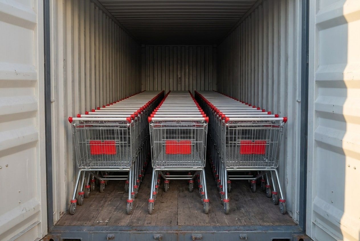 Konteyner içinde iç içe dizilmiş metal market arabaları